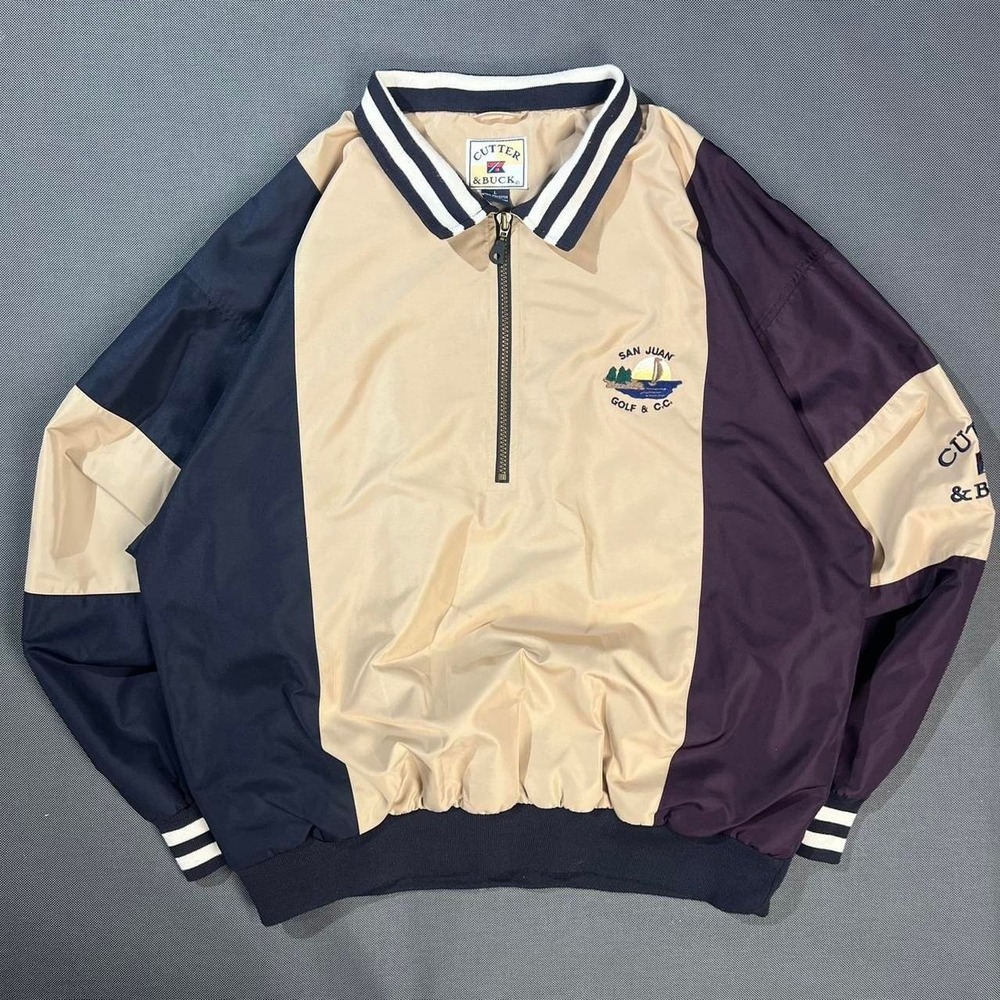 Cutter & Buck pullover windbreaker jacket Mens tan, navy, and purple size L